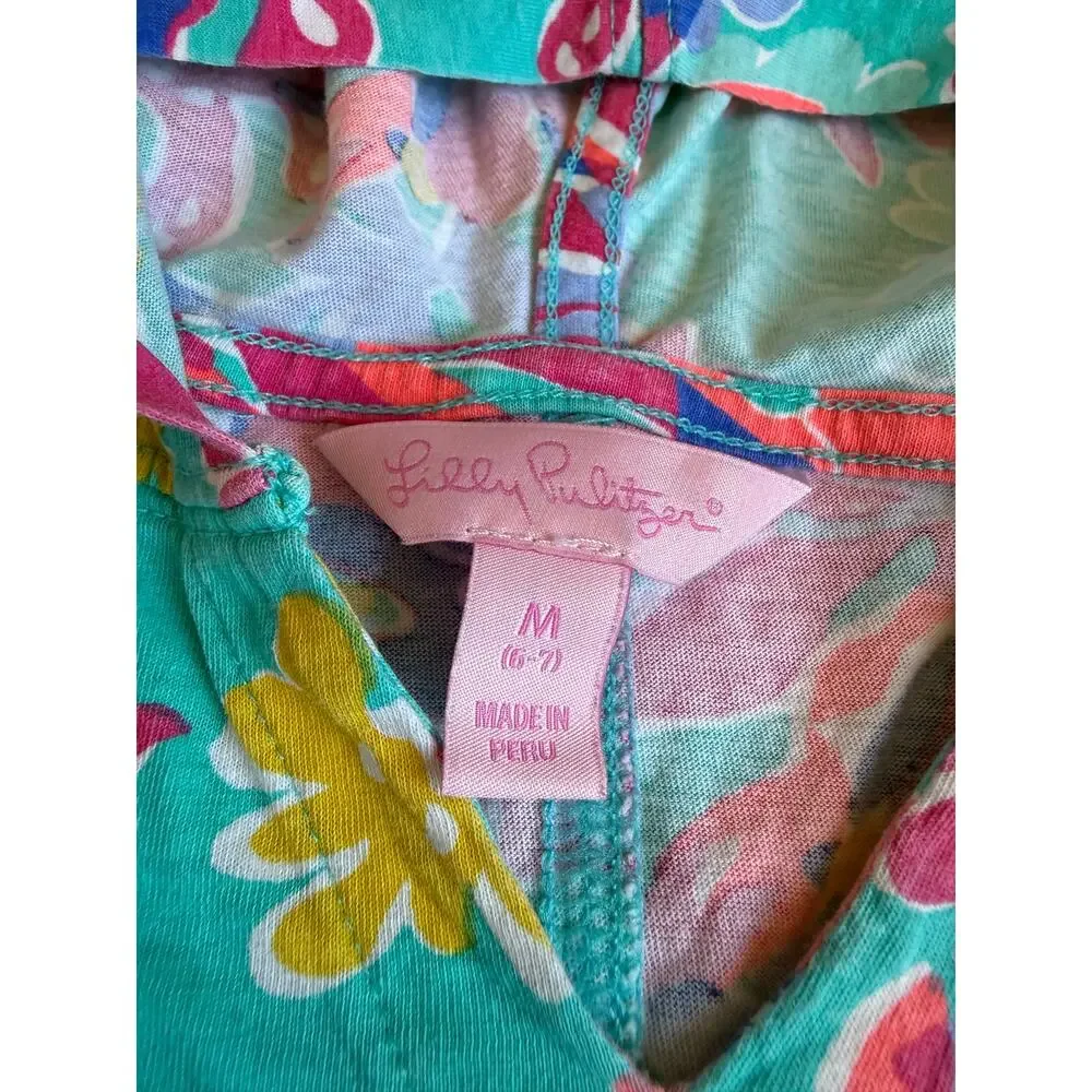 Lilly Pulitzer Girls Medium 6-7 Teal Floral Hooded Swim Cover-Up 100% Cotton